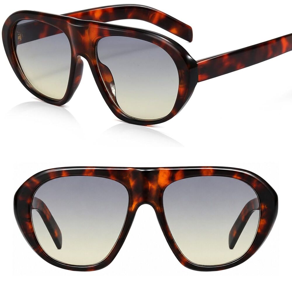Oversized Unisex Tortoise Gray Gradient Round Pilot Retro 70s Fashion Sunglasses